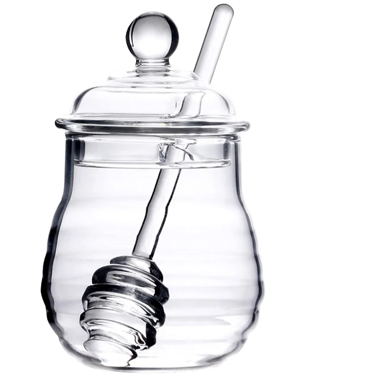 Honey Jar with Dipper and Lid Glass Honey Pot Container Dispenser for Home Kitchen