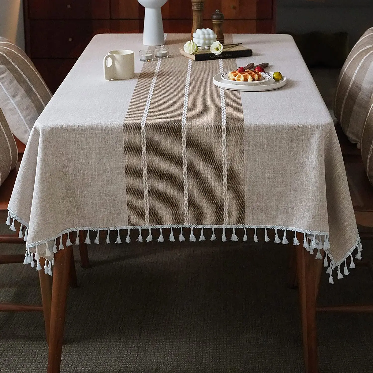Square Wrinkle Free Anti-Fading Table Cover Washable Cotton Linen Tassel Tablecloth Embroidery Table Cloth