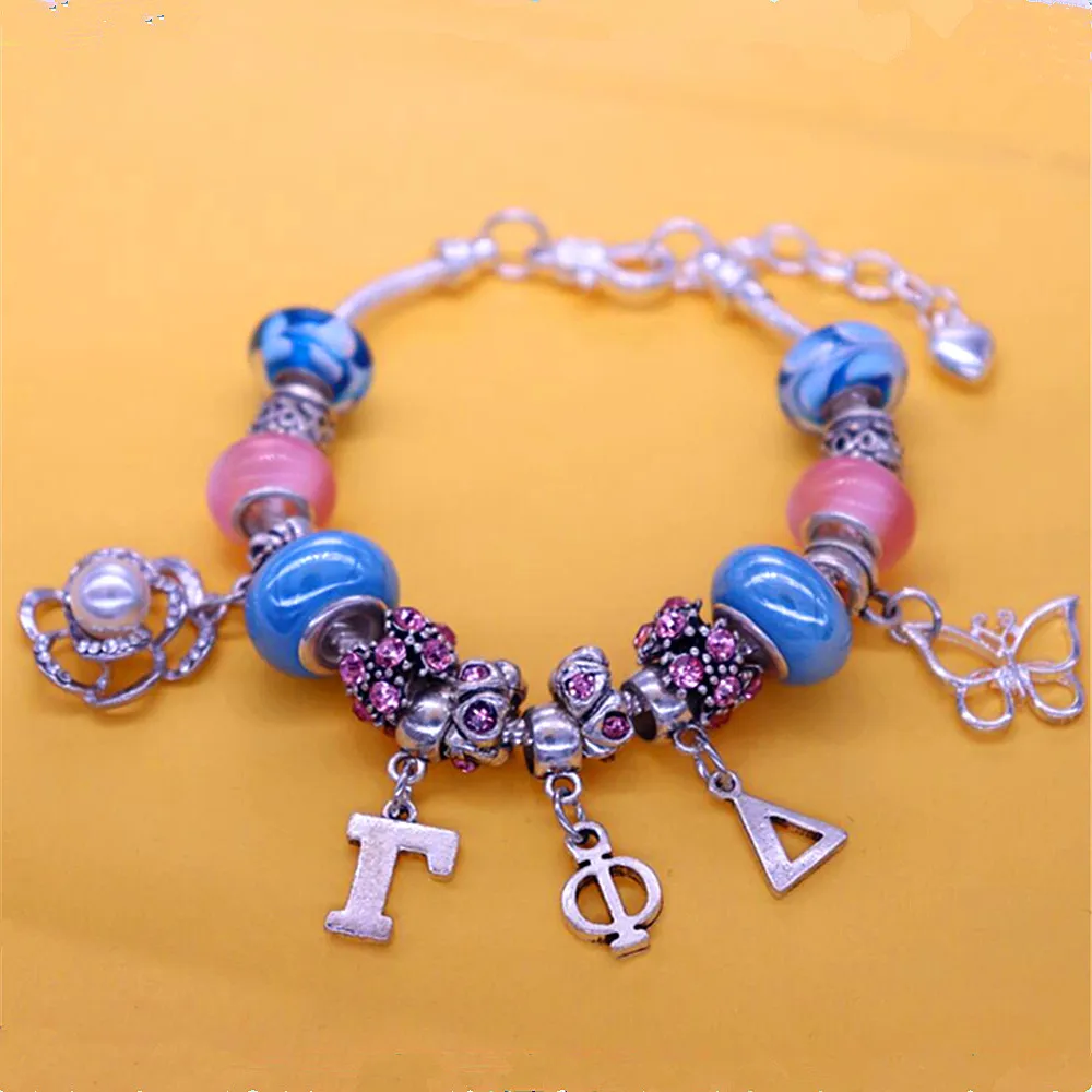 Wholesale silver plated snake chain bracelet greek letter Gamma Phi Delta sorority souvenir jewelry butterfly charms  bracelet