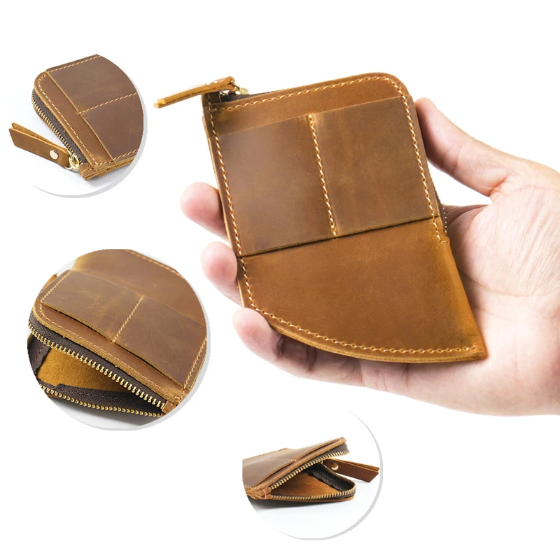 Wholesale New Men Women Vintage Card Holder Wallet Crazy Horse Genuine Leather Zipper Coins Purse Cards Holder with Pens Holder