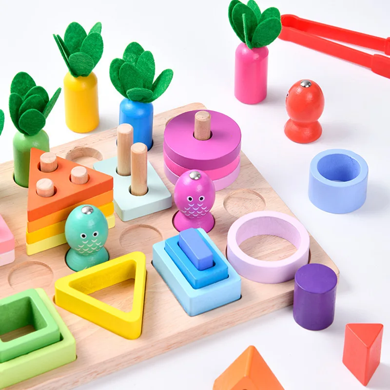 Wooden four in one fishing geometry intelligence shapes matching blocks educational toys for kids Montessori teaching aids 2024