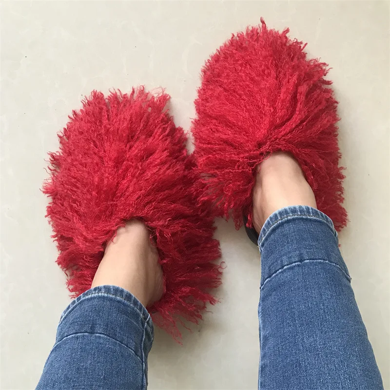 Luxury winter Fur Slipper Colorful Furry faux sheepskin Indoor Warm Wool Cotton women Slippers snow boots