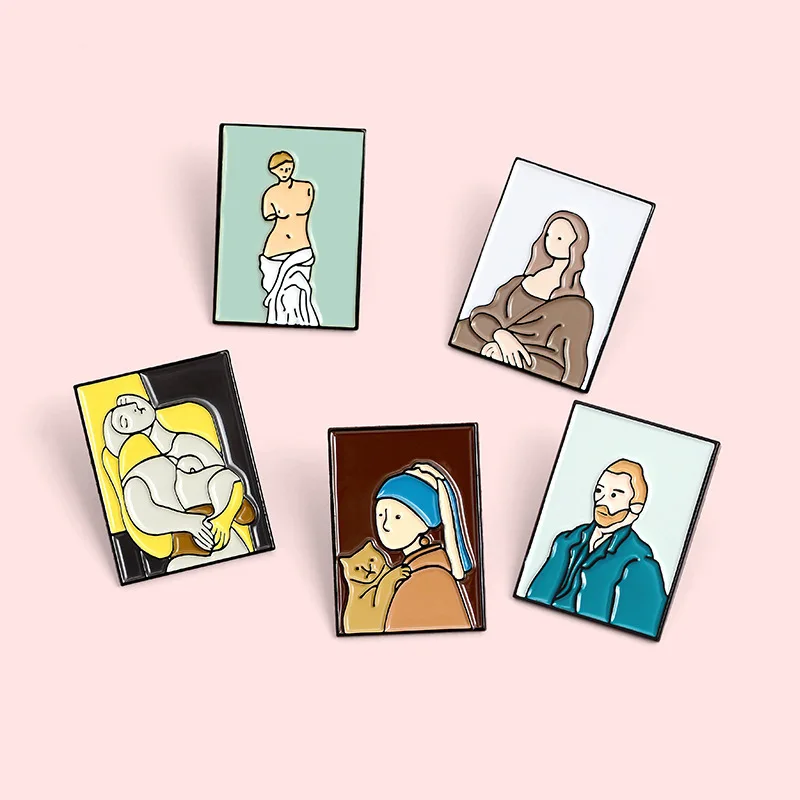 Cartoon Enamel Brooch Mona Lisa Vincent Van Gogh Oil Painting Plating Black Alloy Badge