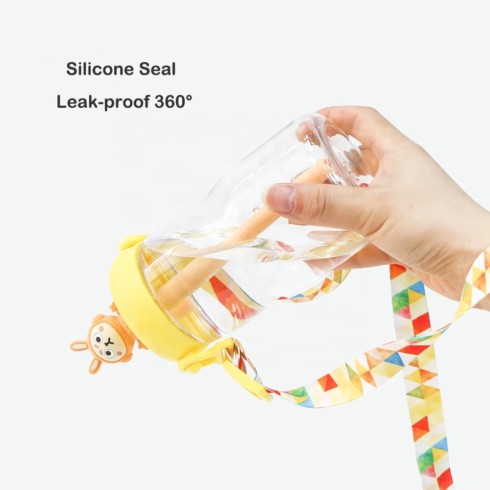 Portable Bpa Free Children Plastic Water Bottles with Straw Sports Silicone Cartoon Rabbit Tritan Kids Water Bottle with Strap