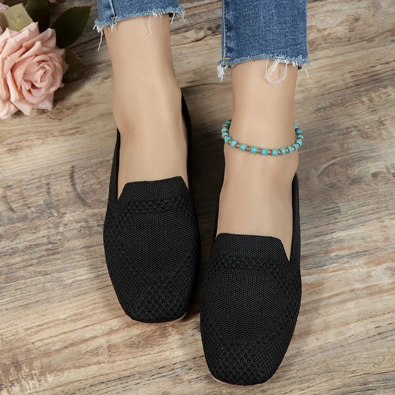 2024 Solid Color Square Toe Mesh Loafers Shoes Soft Bottom Knit Ballet Flats Shoes Casual Slip on Women Flat Shoes