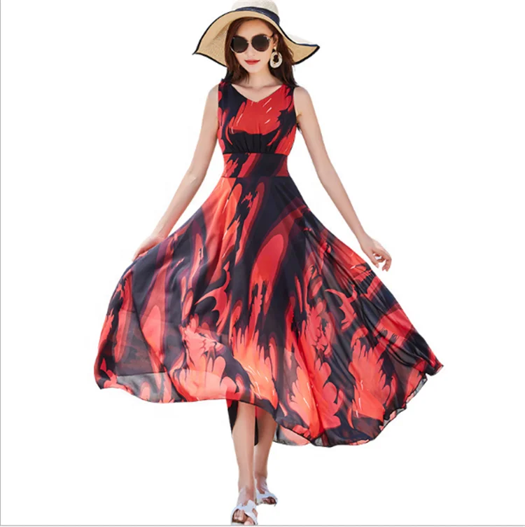 Long Printed Chiffon Dress Bohemian Maxi Skirt Dress Women Plus size Dress