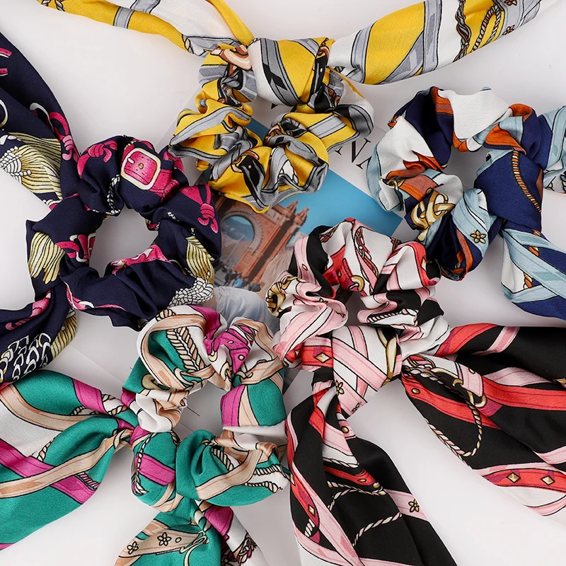 Wholesale Hair ribbon Hair Ties Long ponytail Printed Satin Scrunchies for hair Accessories