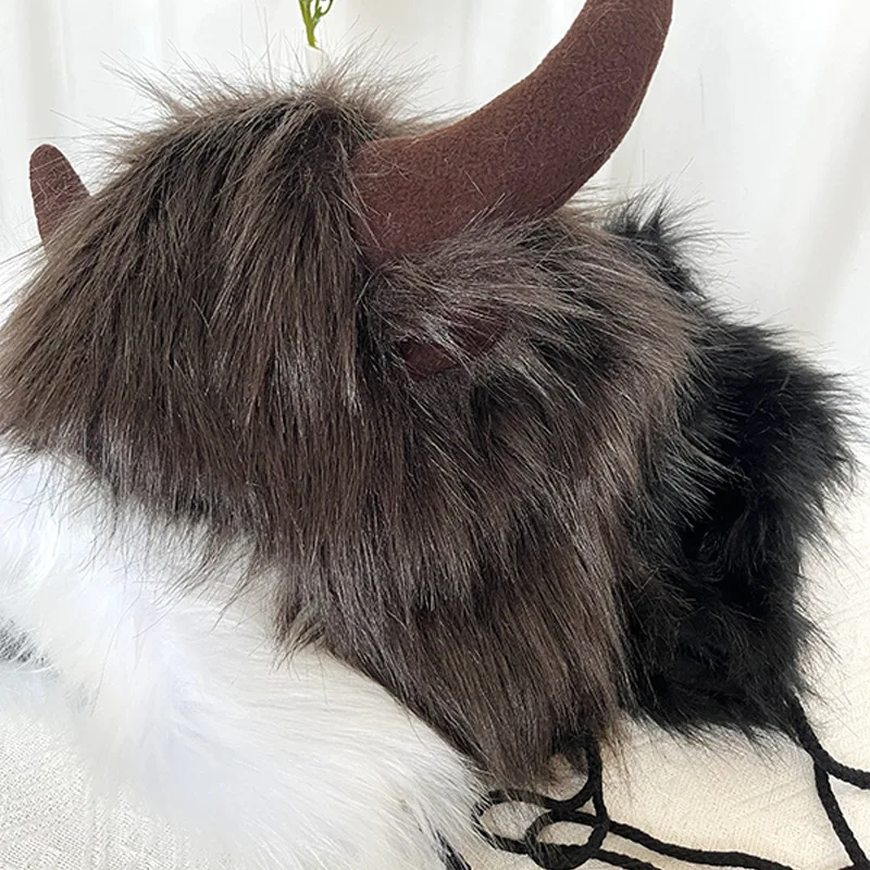 Fluffy Faux Fur Bull Horn Ear Protection Hat Role Play Party  Funny Cow Horn Warm Thick Ski Animal  Winter Cap