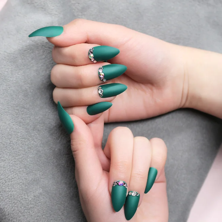 NEWAIR 24pcs/box pre-designed nails tip 3D matte green stiletto full cover nail tip artificial false finger ABS