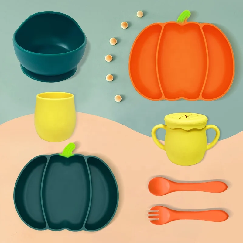 BPA free kids baby complementary food eating training silicone tableware food grade partition suction bowl Pumpkin plate