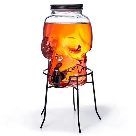 Skull Shape 4 L Glass Jar Mason Black Lid Beverage Dispenser With Black Tap Metal Stand