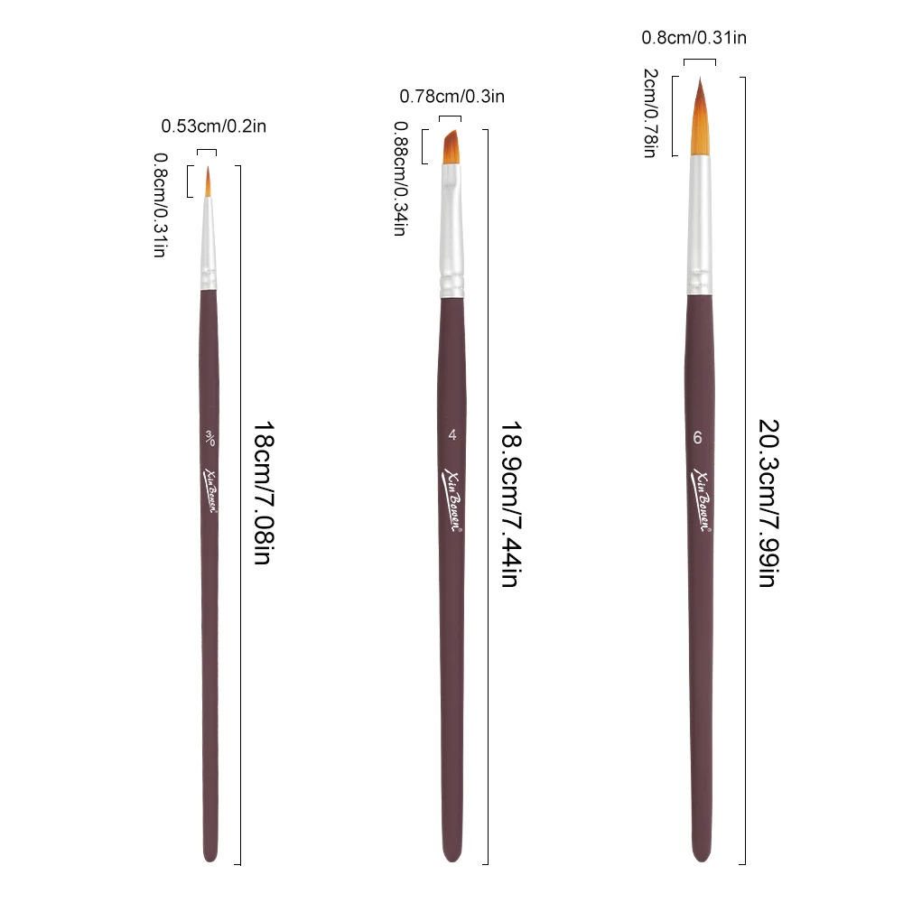 Xin Bowen Professional 3-Piece Matte Paint Rod Nylon Hair Brush Set with Wood Handle for Painting