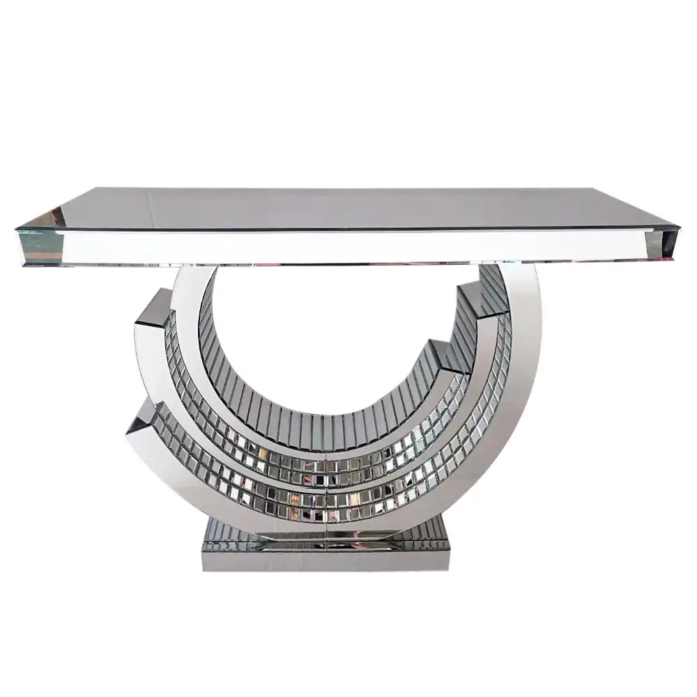 High Quality double c shape mirrored crushed crystal living room furniture curved Side Silver glass console entryway tables