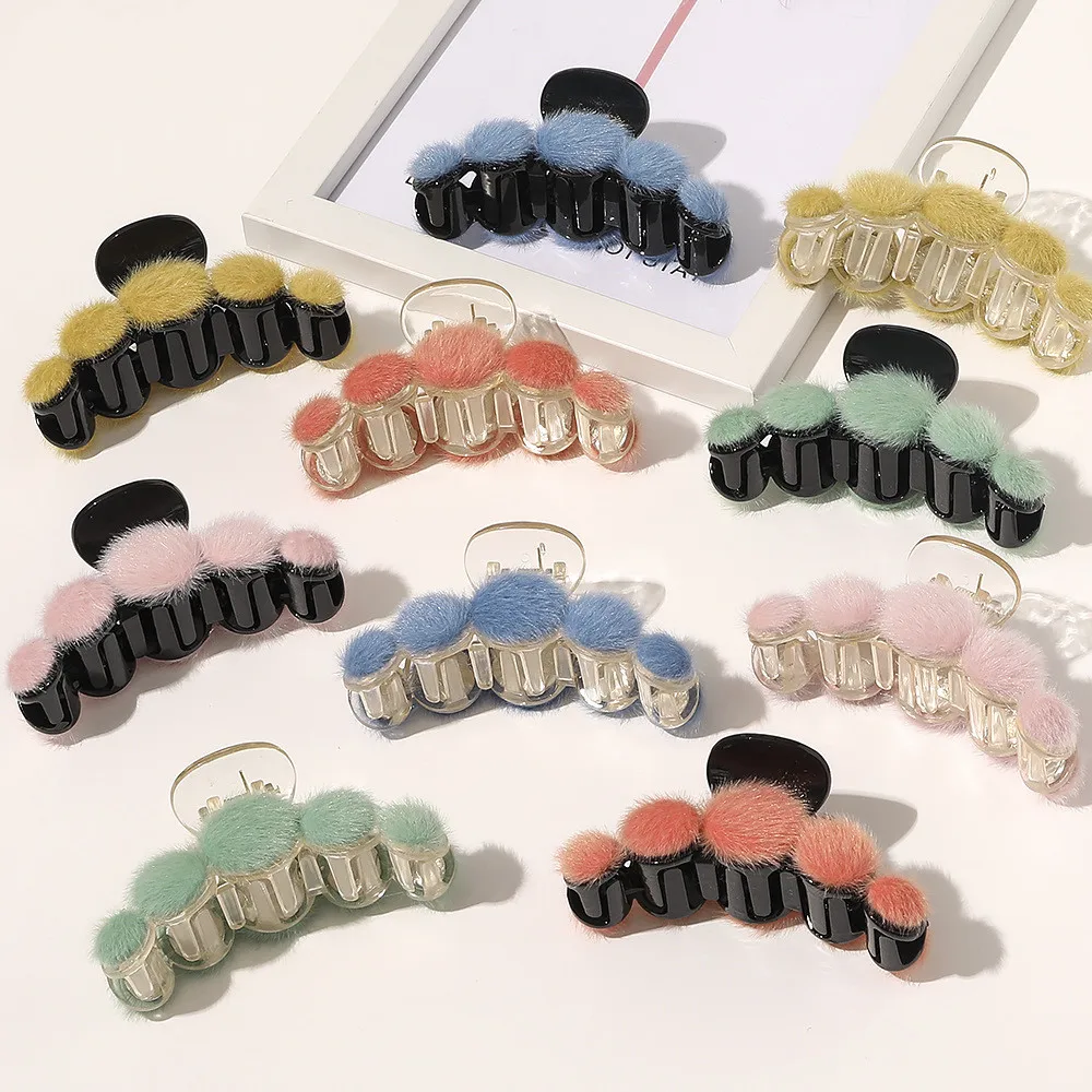 Women Mink Fur Hair Claw Small Banana Hair Clips Crab Hairpins Hair Accessories for Girl Headdress Ornament Hairgrips Barrettes