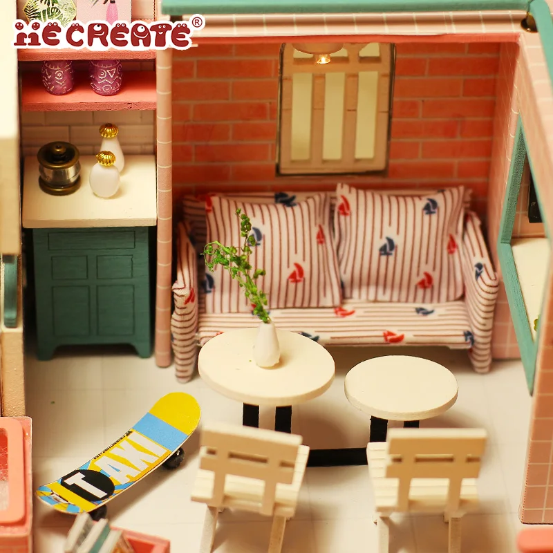 IIECREATE 3D Wooden Pizzle For Adult -034 Pink Cafe DIY Handmade Wooden Miniature House WIth LED Light