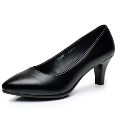 Wholesale point toe women black short heel ladies flat genuine leather black office formal dress shoes