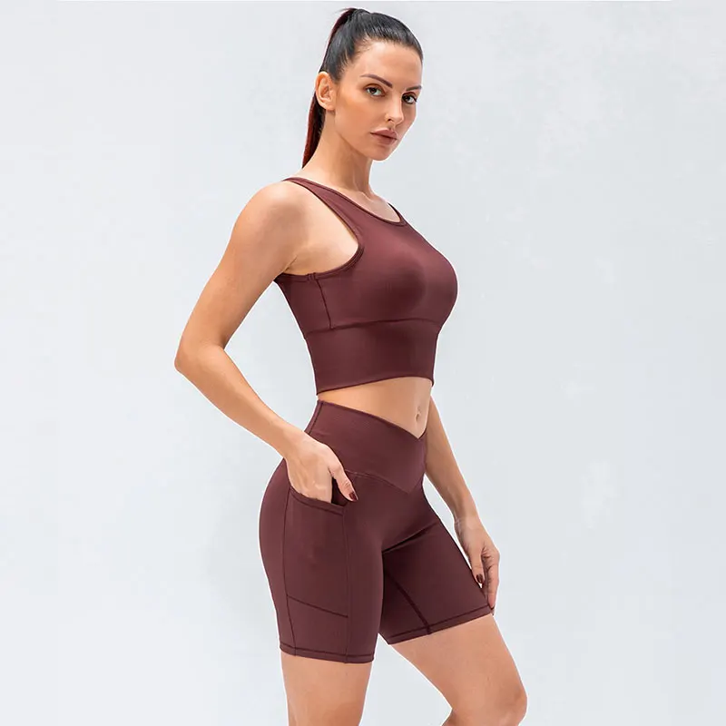 Custom Women Active Wear Compression Biker Shorts Yoga Set Woman Bra Leggings Outfit Gym Fitness Workout Sets with High Waist