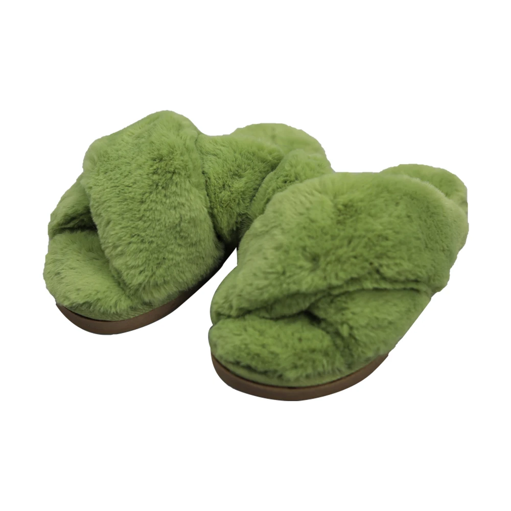 Fashionable Cross Strap Tpr Sole Winter Fluffy Fuzzy Indoor Plush Faux Fur Home Slippers For Women Lady