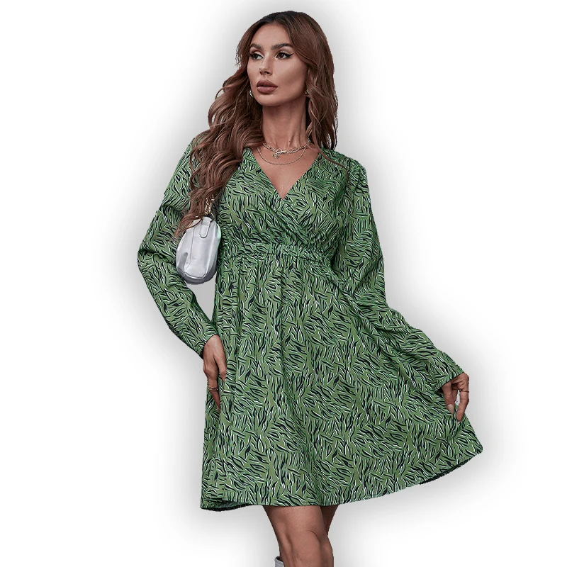 Hot Fashion V Neck design wholesale woman dress Casual Long Sleeves 100% polyester chiffon dresses women lady elegant skirts