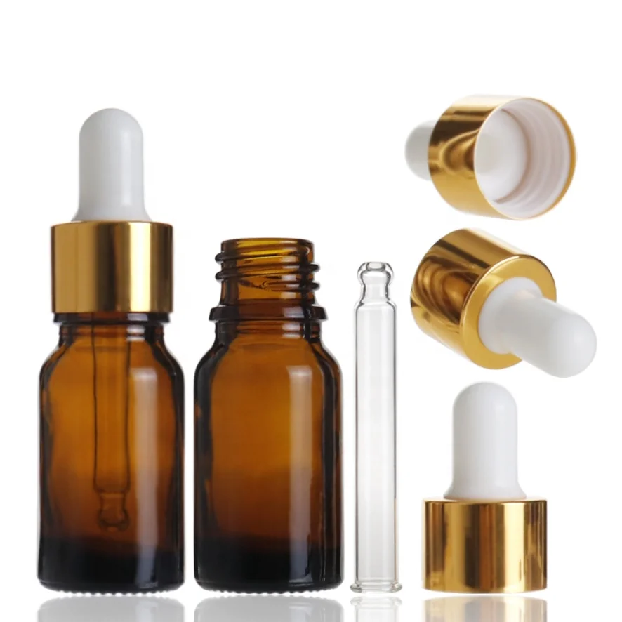 Empty amber round essential oil dropper 10ml glass bottle for perfume with golden metal plastic dropper