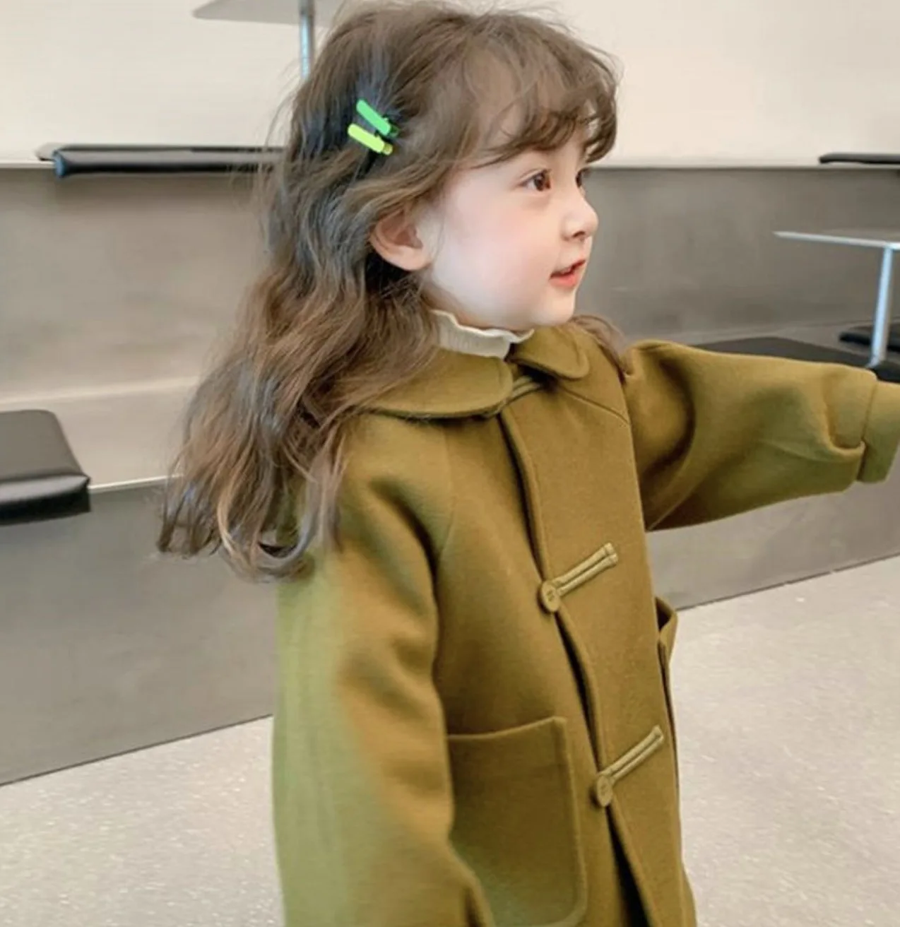 Girls Cute Green Girls Coat Winter Cotton Double breasted 2-pocket Children Clothes Outerwear