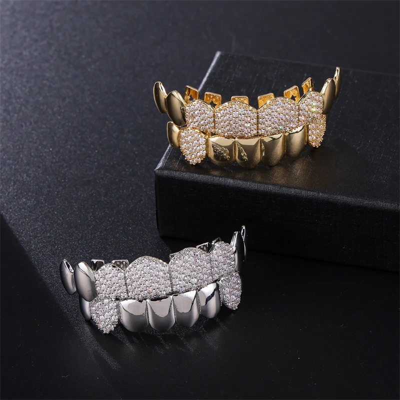 Luxury Gold Plated Diamond Top Bottom Teeth Grillz Set Iced Out Cubic Zirconia Punk Teeth Mouth Grillz For Men Body Jewelry