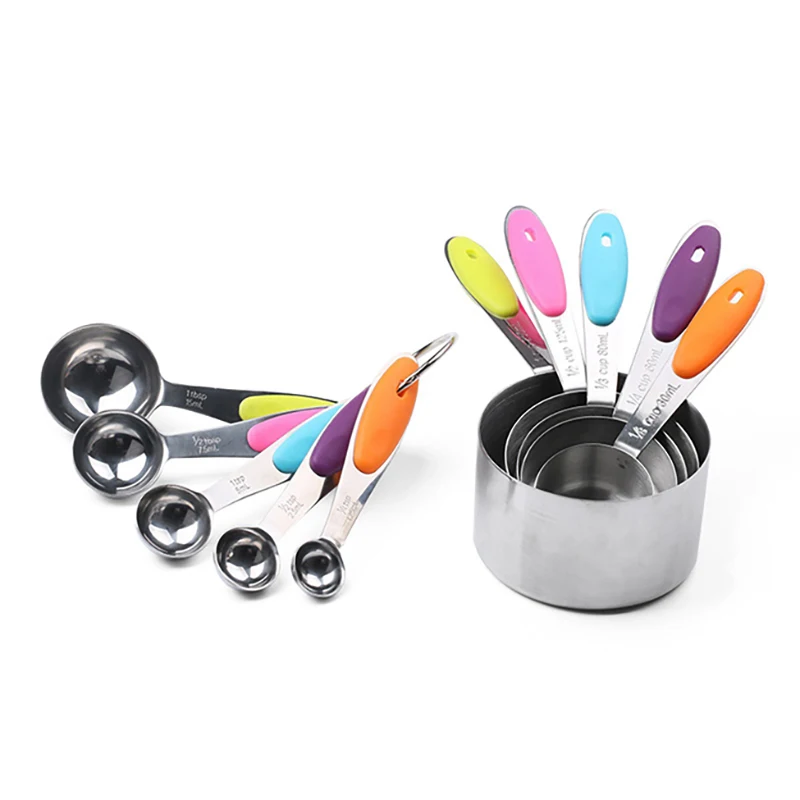 Silicone Handle 10 Piece Stainless Steel Measuring Cups and Spoons Set Metal Measuring Spoons and Measuring Cups Combo