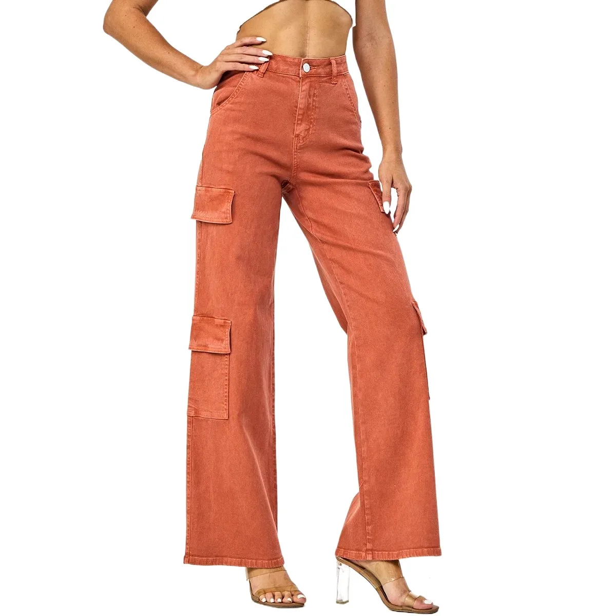 Hot Selling Female Brown High Waisted Wide Leg Jeans for Women Customized Pocket Cargo Pants