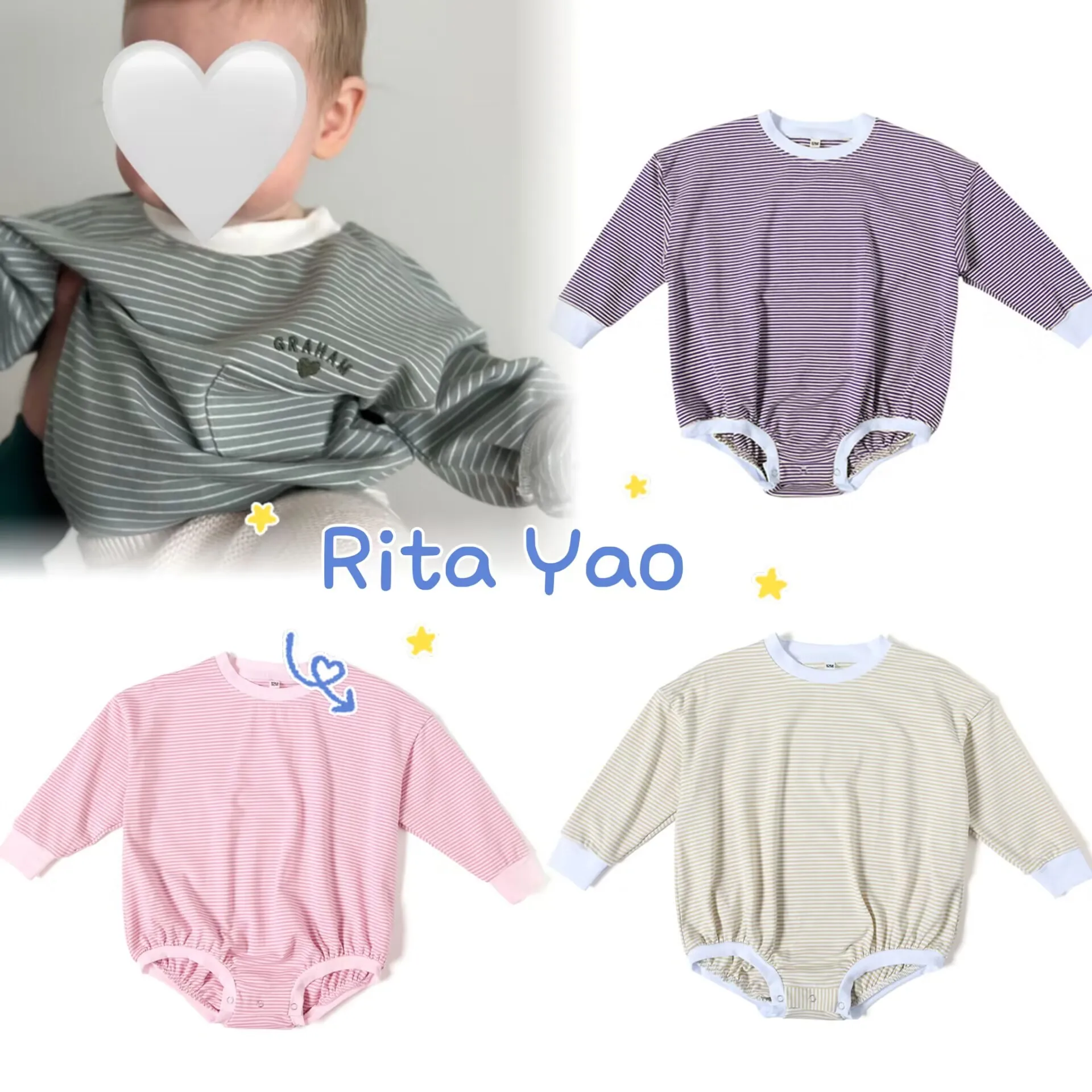 Wholesale newborn  baby navy striped cotton oversized T-shirt bubble romper long sleeve infant boy outfit clothes 2024