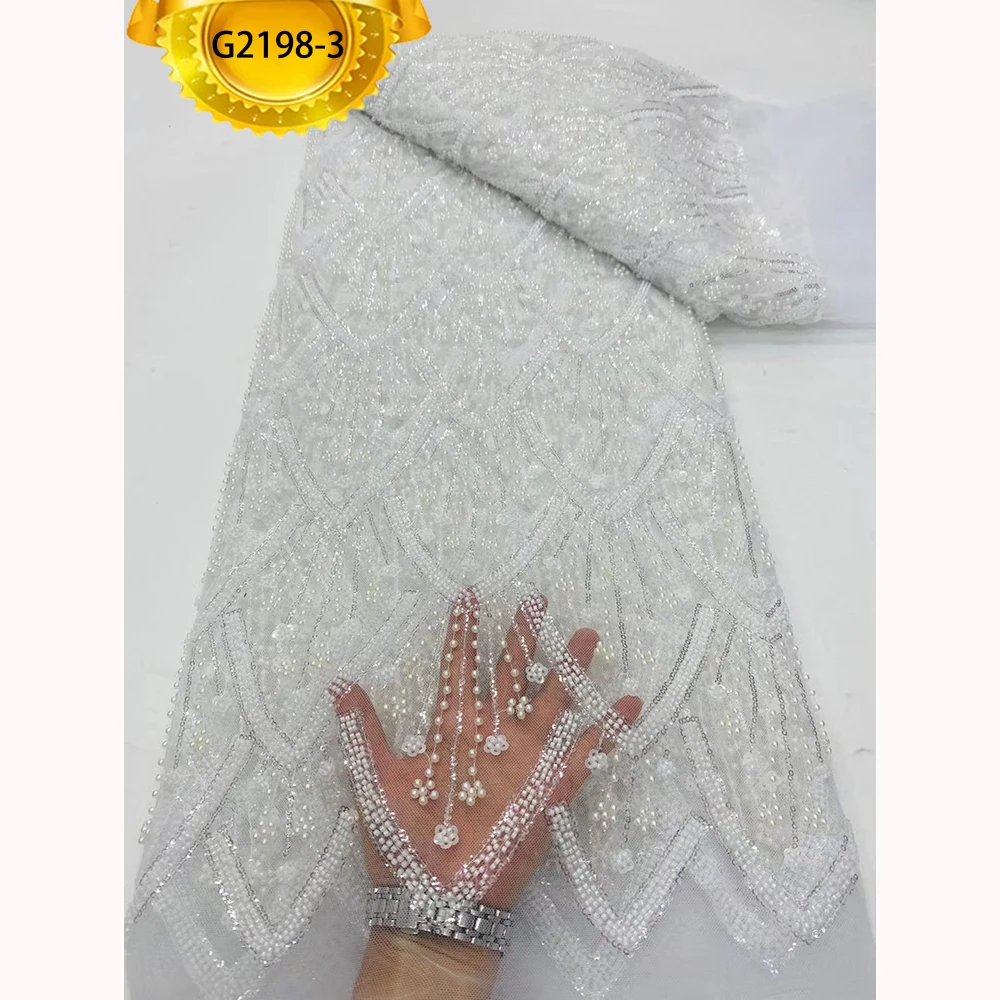 G2198 Luxury Beads White Color French Lace Fabric With Pearl And Embroidery Sequins For Bridal Wedding Dress Wear