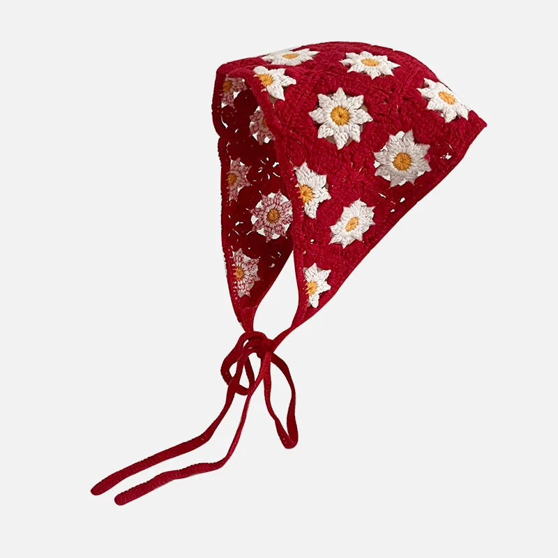 HZO-23036 Spring Daisy Flower Crochet Triangular Bandana Headband Knit Handmade Kerchief Head Scarf