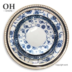 European plates sets wholesale wedding porcelain dish tableware set blue bone china porcelain dinnerware
