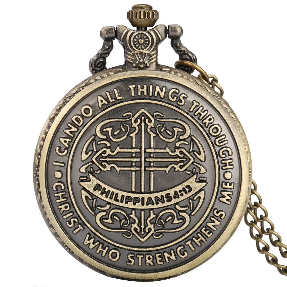I Can Do All Things Through Christ Who Strengthens Me Bible Philippians 4:13 Vintage Quartz Pocket Watch with Chain for Men
