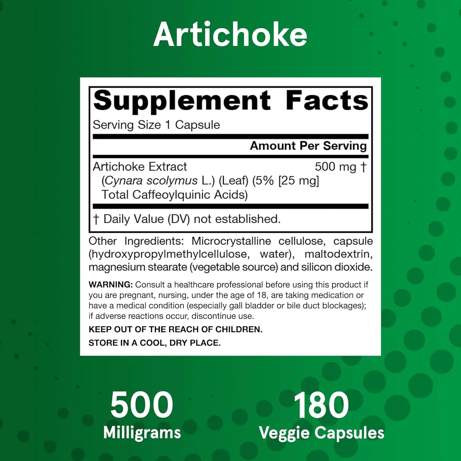 Artichoke 500 mg, Dietary Supplement for Liver Health and Digestion Support, 180 Veggie Capsules, 180 Day Supply
