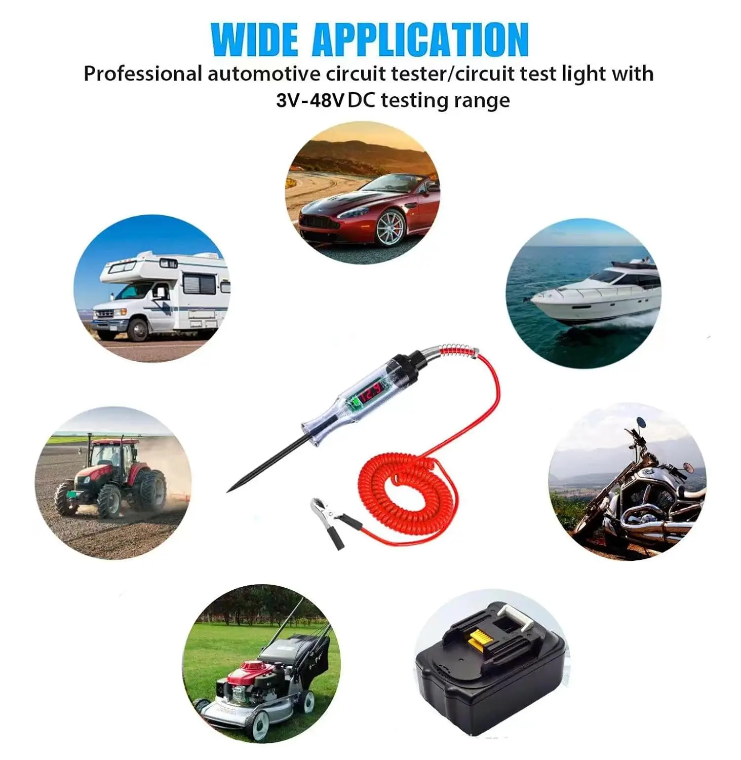 Test Light Automotive 3-48V DC Digital LCD Display Spring Wire Circuit Tester Auto Voltage Continuity Test