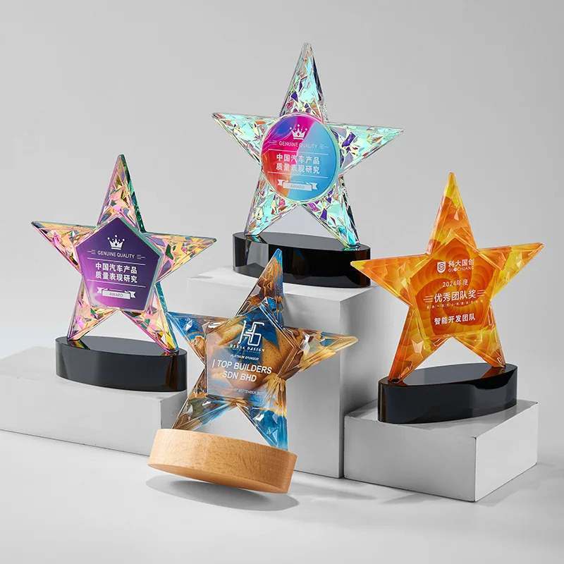 Honor of crystal Colorful UV Printing Star Shape Business Sports Trophy Awards For Gift Souvenir