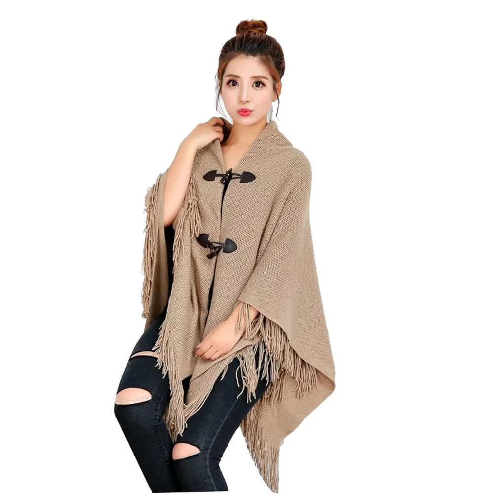 Knitted triangle shawl thick tassel acrylic poncho horn buckle solid color women cape