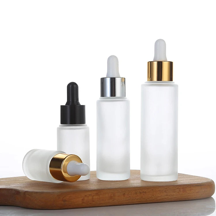 packaging round frosted flat shoulder luxury serum glass essential oil dropper bottle