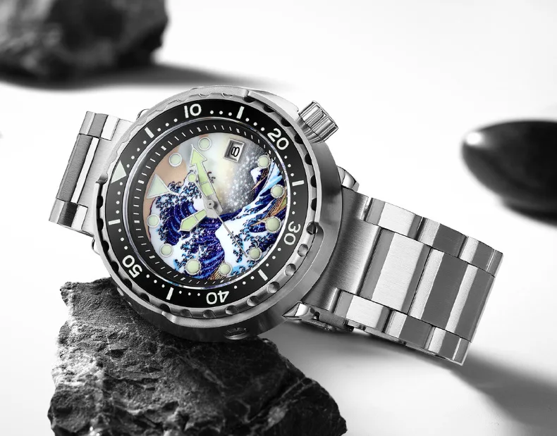 Personal made design Damascus steel watch diving watch case with ceramic insert luminous markers Helium escape diver watch