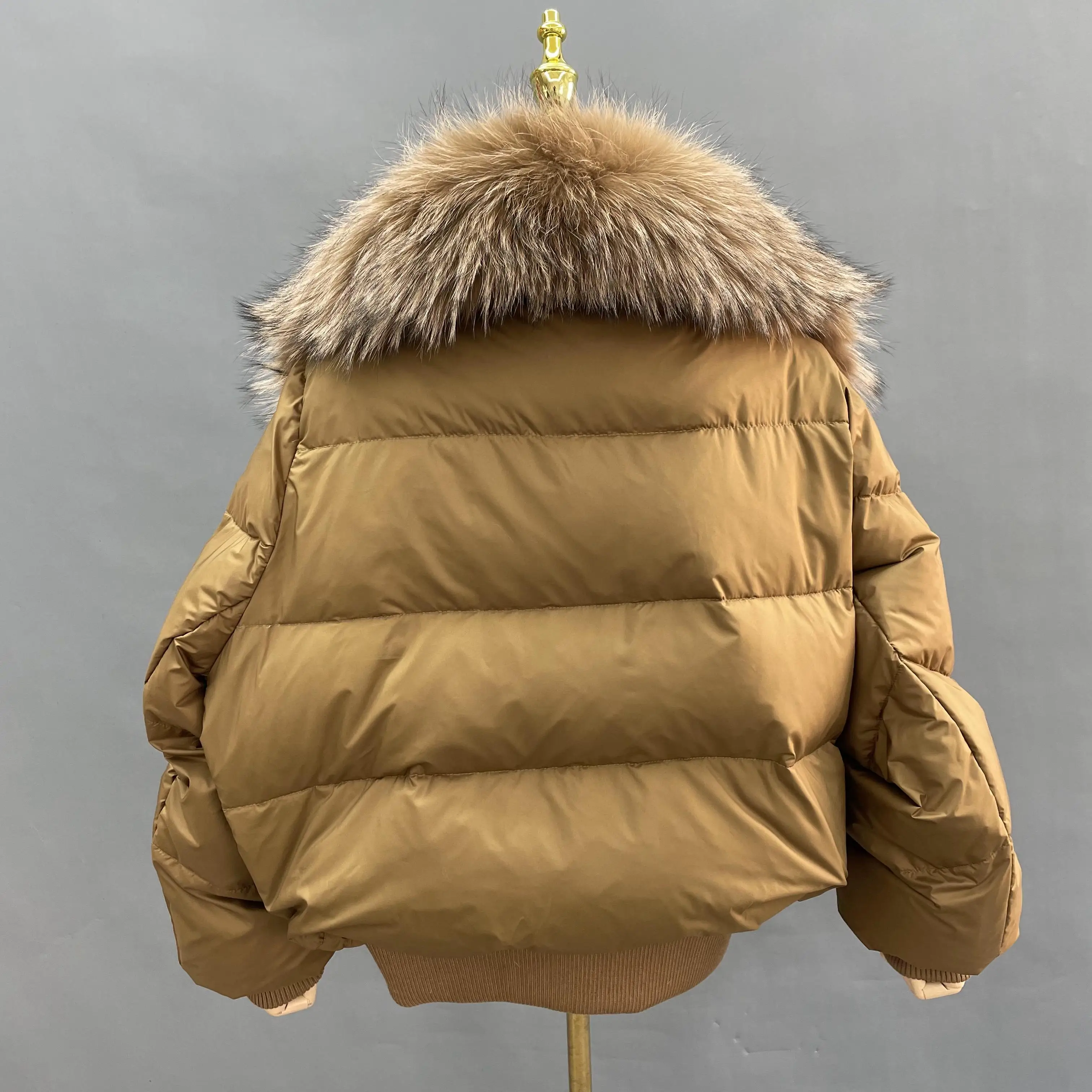 Raccoon Fur Collar Detachable Bat Sleeve Waist Tightening Short Goose Down Filled Puffer Jacket