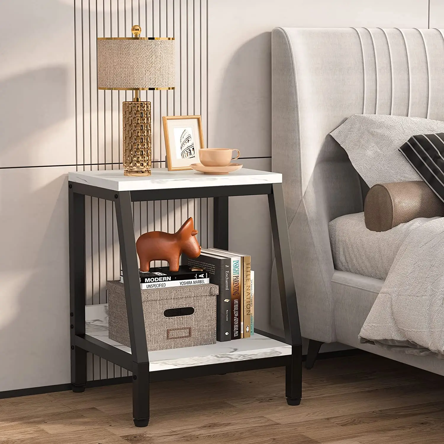 Nordic Style Black Wrought Iron End Tables 2-Tier Special-Shaped Marble Wood Tea Side Table Sofa Coffee Tables For Living Room