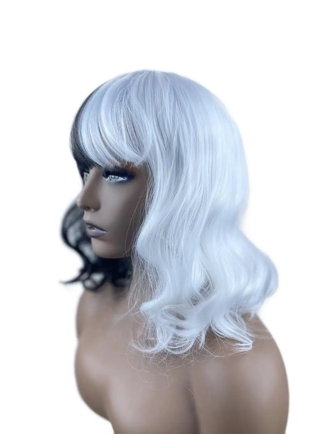 Black and white double bangs micro curl large wave medium and long curly hair synthetic fiber high temperature resistance