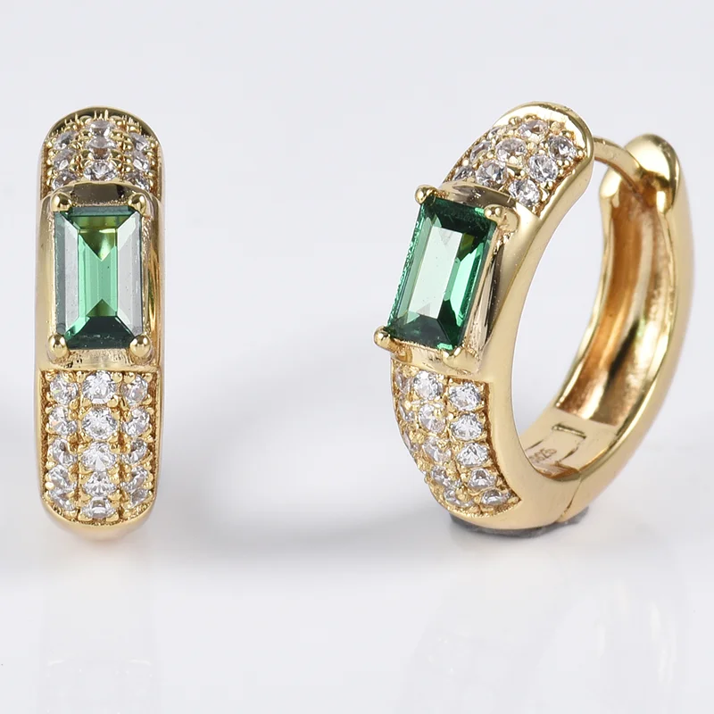 Carline topsale custom 925 sterling silver jewelry 18k gold plated 5a zircon green nano glass pave setting huggie hoop earrings