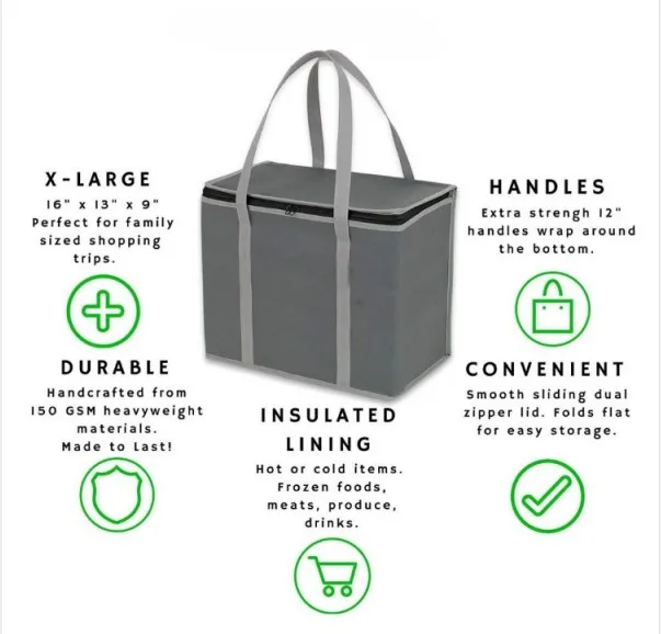 Extra Large Heavy Duty Insulated Reusable Tote Grocery Shopping Bag Lunch Bag Non woven Cooler Bag