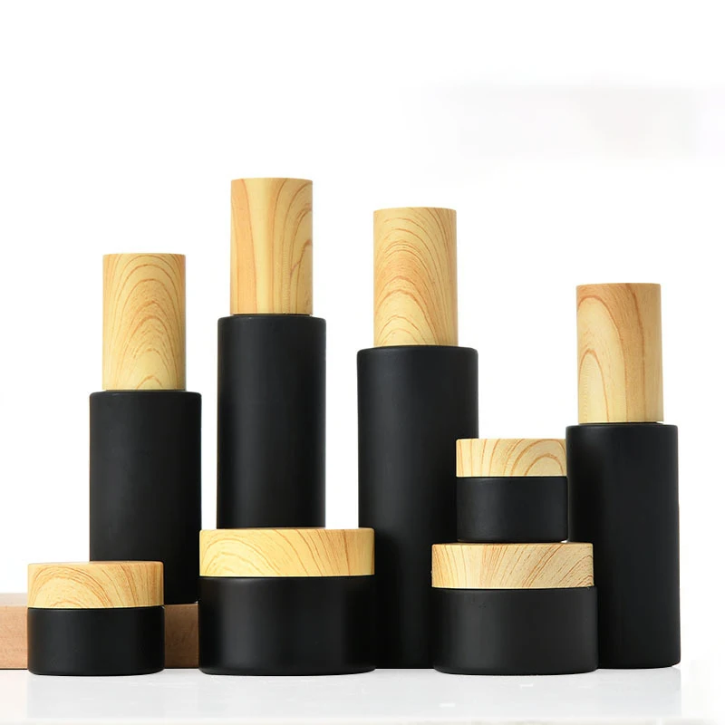 Skincare Glass Bottle Set Frosted Black Cosmetic Spray Bottle 60ml 5g Cream Jar Refillable Matte Black Lotion Bottle with Pump