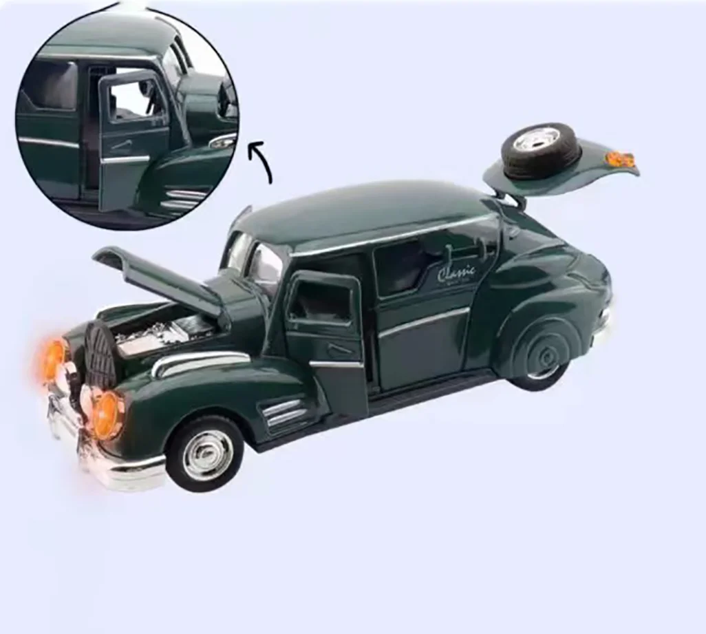 1:28 scale Diecast Alloy Simulation Pull Back Classic Vintage Car With Sound And Lights Doors Open Customized Promotional  Car