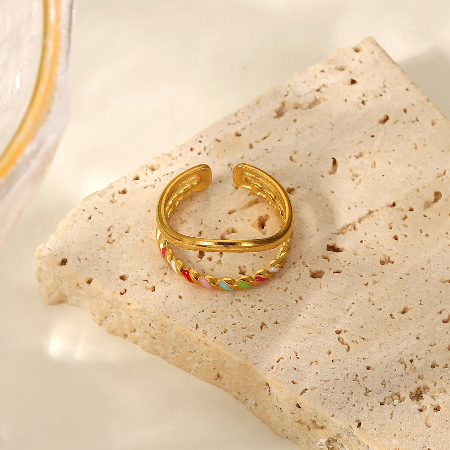 New Cheap Stainless Steel 18k Gold Plated Enamel Colorful Dripping Oil Twist Double Layer Special Shaped Opening Ring