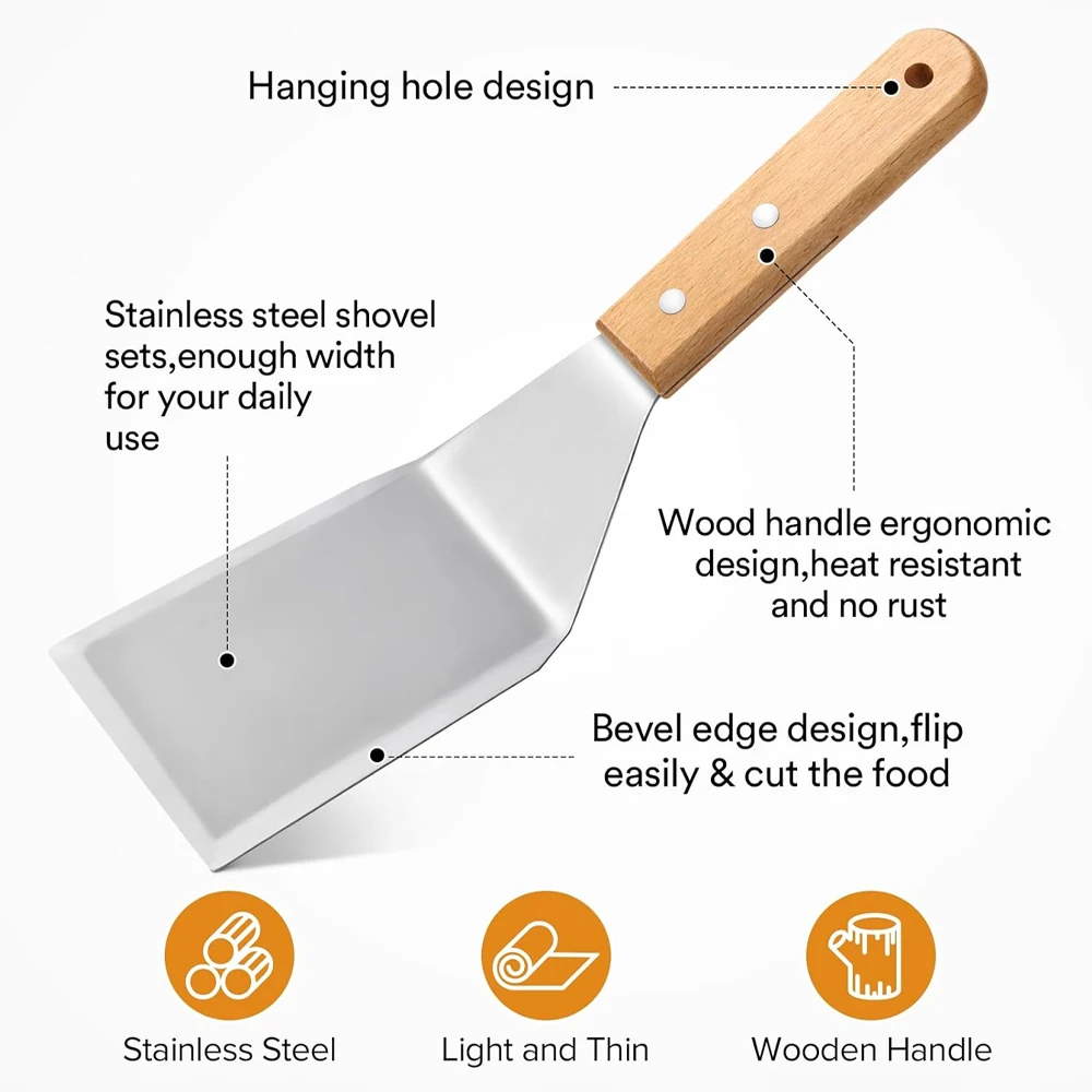 Stainless Steel Grill Tools Kitchen Frying Shovel Cooking Turner Flat Shovel Steak BBQ Spatula with Wood Handle