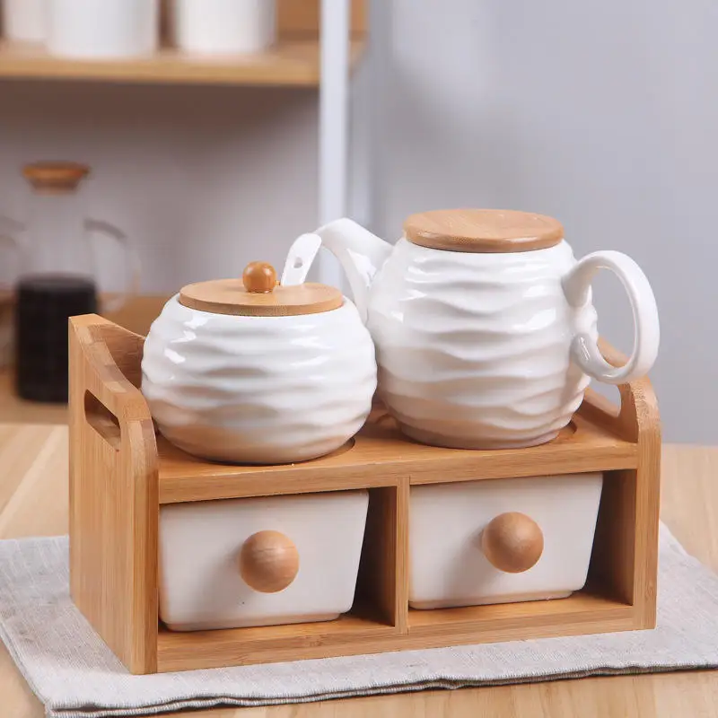 2 Tier Ceramic Cheap Spice Jar Set Seasoning Box Kitchen Salt Sugar Container with Bamboo Stand Rack