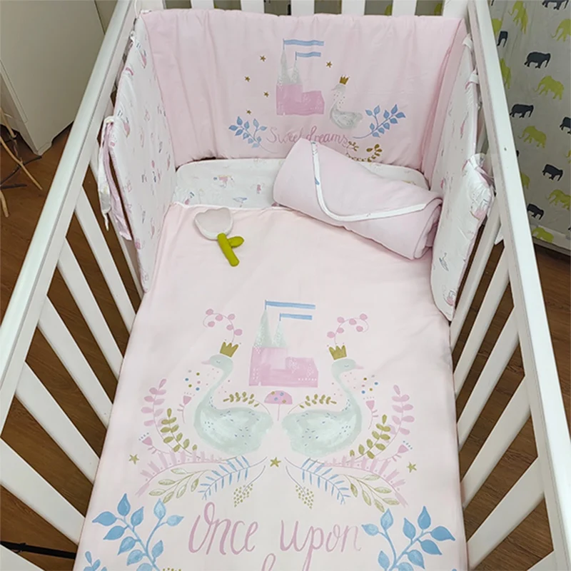 Pink Cartoon Moon Stars 100% Cotton Baby Crib Bedding Set For Girls